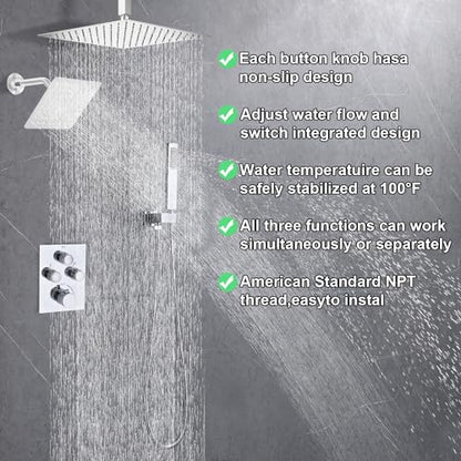 Dual Shower Heads Shower System with 16" Ceiling Mounted Rain Shower Head & 6" Wall Mounted Head Full Body Shower System 3 Way Thermostatic Shower Valve, Polished Chrome - color: Polished Chrome, style: 16inch+6inch
