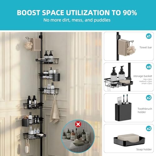Corner shower storage pole, six-tier bathroom storage rack, height adjustable 30-120 inches, black carbon steel, with toothbrush cup, soap dish, towel storage pole, razor holder, hooks.