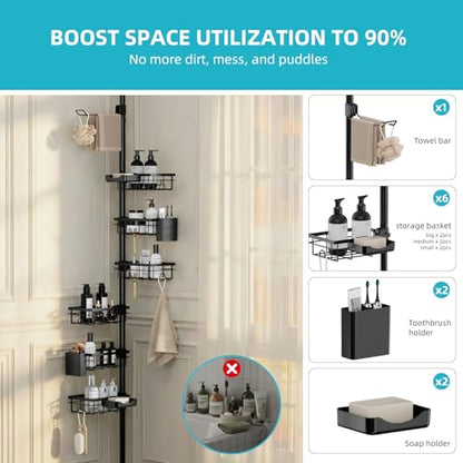 Corner shower storage pole, six-tier bathroom storage rack, height adjustable 30-120 inches, black carbon steel, with toothbrush cup, soap dish, towel storage pole, razor holder, hooks.