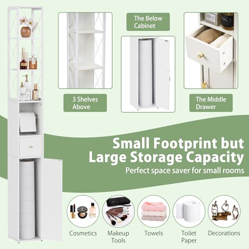 VECELO Narrow Bathroom Storage Cabinet with X-Frame Metal Design, 67" Tall Freestanding Cabinet with Toilet Paper Holder, Slim Tower Cabinet with Magnetic Door & Drawer, for Small Spaces, White - color: Hollow Top