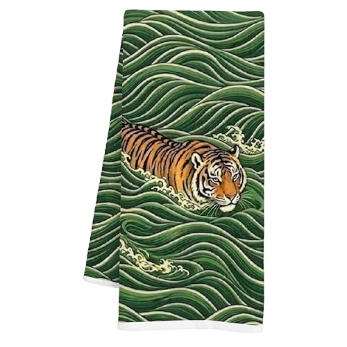 Funny Bathroom Hand Towel, Tiger Swimming Decorative Towels for Bathroom, Soft Microfiber Waffle Weave Housewarming Gift 16x24 Inches (015)