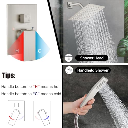 Midanya Shower Faucet Set with Handheld Sprayer,8 Inch,Brushed Nickel | Rough-in Shower Valve and Trim Kit Included,Square Rain Head,Wall Mount Shower System,All Metal,Bathroom - color: Nickel, size: 8 Inch