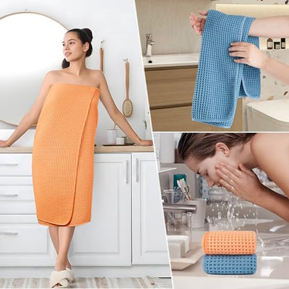 POLYTE 430 GSM Poly Blend Microfiber Quick Dry Waffle Bath Towel Set of 6 | 2-Body Towels, 2-Hand Towels, 2-Wash cloths, Oversize, Lint Free - color: Blue,orange