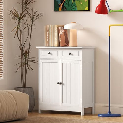kleankin Freestanding Bathroom Floor Cabinet with 2 Doors 2 Drawers White | Wooden Bathroom Cabinet, Adjustable Shelf - color: White