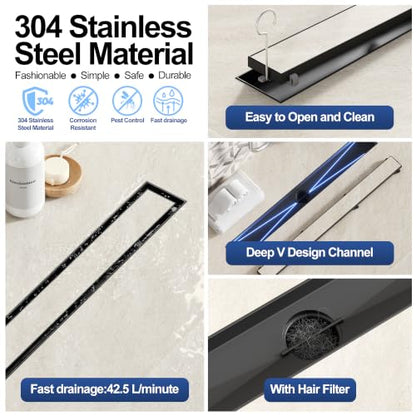Neodrain 24-Inch Linear Shower Drain-Matte Black,with Tile Insert Grate | 304 Stainless Steel, Fast Drainage, Rectangle Shower Floor Drain with Leveling Feet & Hair Strainer, Fits Bathroom, Balcony - color: Matte Black, size: 24 IN