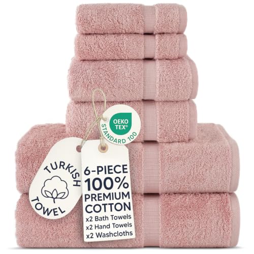 Chakir Turkish Linens 6 Piece Towels Set, 100% Cotton Luxury Turkish Towels for Bathroom, Soft Absorbent Bath Towel Set with 2 Bath Towels 2 Hand Towels 2 Washcloths, Pink - color: Pink