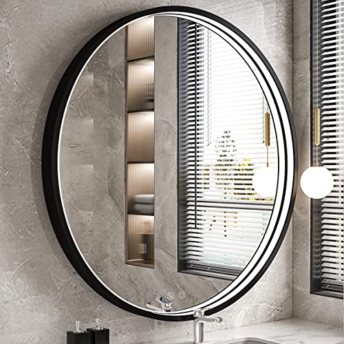 36" Round LED Bathroom Mirror, Dimmable Anti-Fog Vanity Mirror with Touch Control, 6000K Natural Light, Black Metal Frame, Wall Mounted for Makeup Shaving (IP54, 90+ CRI) - color: Black, size: 36"L x 36"W