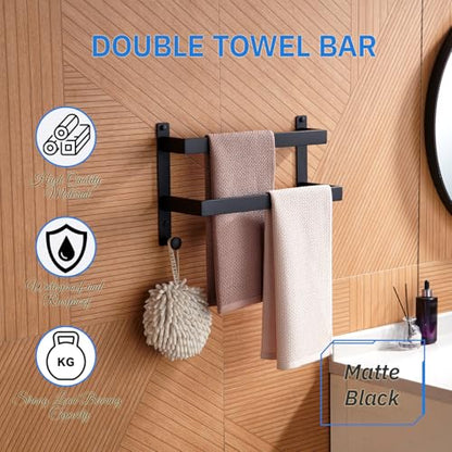 16 Inch Double Towel Bar with Hooks Matte Black, Stainless Steel Bath Shower Towel Rack Wall Mounted Towel Rod Holder for Bathroom - color: Matte Black, size: 16-Inch