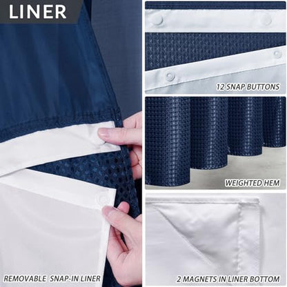 No Hook Waffle Weave Shower Curtain with Snap in Fabric Liner Set,Heavy Duty Textured Bathroom Curtain with See Through Window,Waterproof & Machine Washable,Navy Blue,Stall 36x72 Inch - color: Navy, size: 36"W x 72"L (Pack of 1)