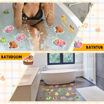Yaomiao 24 Pcs Non Slip Bathtub Stickers Anti Slip Shower Stickers Cute Axolotl Duck Capybara Frog Decals Threads Adhesive Appliques with Scraper for Safety Bathroom Tubs Shower Floor Stairs - style: Cute