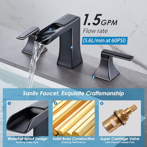 Oil Rubbed Bronze Bathroom Faucet, Sanliv 2-Handle Widespread Bathroom Faucet for 3-Hole Sinks 4-16 inch, Bronze Waterfall Vanity Faucet with Pop-Up Drain (ORB) - color: Oil Rubbed Bronze