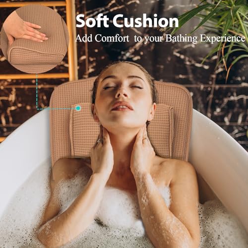AEROiVi Full Body Bath Pillow Adjustable Lumbar Pillow 14 Suction Cup Brown | Relaxing Soft Bathtub Cushion with laundry bag 3D Air Mesh Fit Any Tub Bathroom Accessories Washable Quick-Dry - size: 50 inch Brown