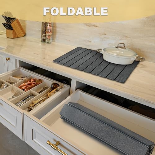 Stone Drying Mat for Kitchen Counter, 24"L x 16" W Quick Stone Dish Drying Mat Diatomaceous Earth Super Fast Absorbent Collapsible Countertop Kitchen Mats Grey