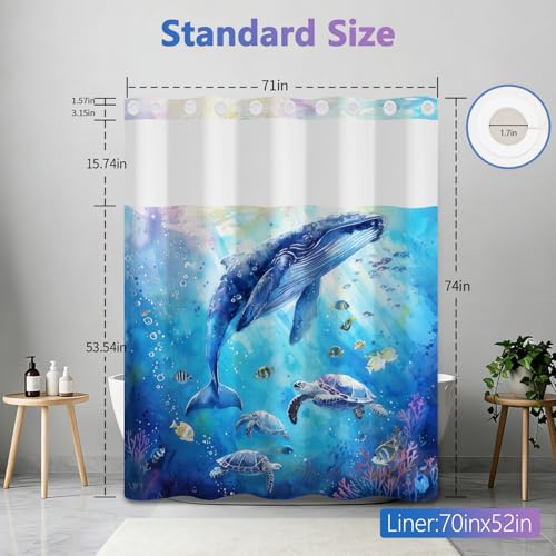 Ocean No Hook Shower Curtain and Liner Set, Whale and Turtles Design Shower Curtain with Snap in Liner and Weighted Hem, 71x74 Inch Heavy Duty Waterproof Fabric Sheer Top Shower Curtain for Bathroom - color: Whales and Turtles