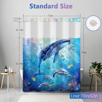 Ocean No Hook Shower Curtain and Liner Set, Whale and Turtles Design Shower Curtain with Snap in Liner and Weighted Hem, 71x74 Inch Heavy Duty Waterproof Fabric Sheer Top Shower Curtain for Bathroom - color: Whales and Turtles