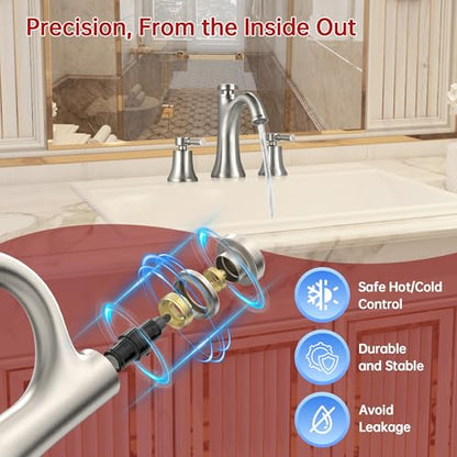 SUMERAIN Brushed Nickel Widespread Bathroom Sink Faucet 3 Hole | Transitional Style, Two Handles, Temperature Memory Function, Solid Brass - color: Brushed Nickel