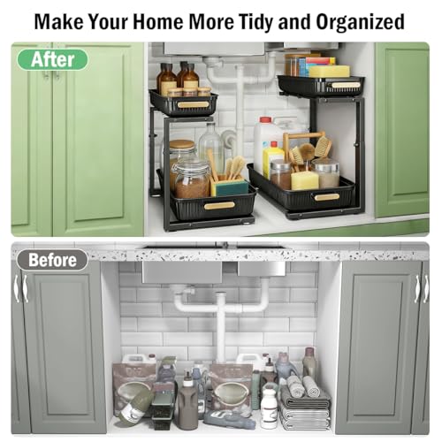 ARSTPEOE Under Sink Organizer - 2 Packs Multi-Purpose Pull-Out Storage Organizers, Slide out Pull out Cabinet Organizer Shelf, Storage for Kitchen Bathroom