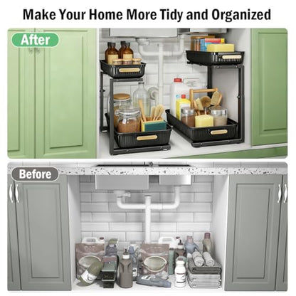 ARSTPEOE Under Sink Organizer - 2 Packs Multi-Purpose Pull-Out Storage Organizers, Slide out Pull out Cabinet Organizer Shelf, Storage for Kitchen Bathroom