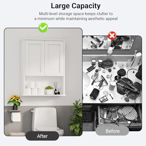 Batheoom Wall Cabinet, Bathroom Storage Cabinet Over Toilet, Medicine Cabinet with 2 Door and Adjustable Shelves, Wall Mount Bathroom Cabinet for Bathroom, Kitchen(White)