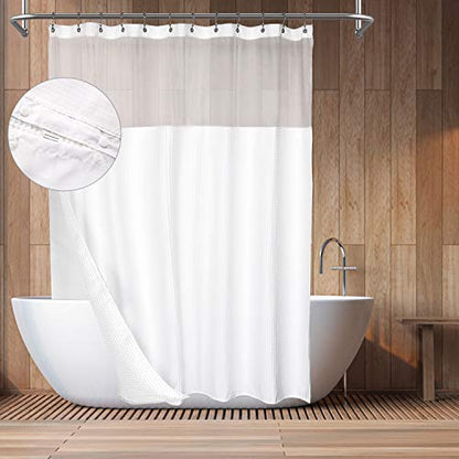 Barossa Design Hotel Style Cotton Shower Curtain with Snap-in Liner White | Cotton Blend, Honeycomb Waffle Weave, Fabric Snap on/off Liner, Water Repellent, Mesh Window, Machine Washable, Standard Size - color: White, size: 71"W x 72"L (Pack of 1)