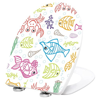 White Plastic Quick Release Toilet Seat - Oval Shape, Top Fixing with Adjustable Hinges, Easy Clean, Seagull and Starfish Design - One Size - color: Underwater World