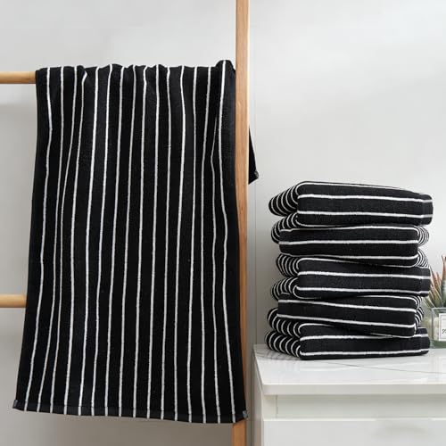 Black and White Hand Towels Bathroom Cotton Striped Towels, 13 x 29 Inches, Lightweight Quick-Dry Absorbent, 6 Piece Set - color: Black