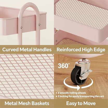 MIOCASA 3-Tier Metal Utility Rolling Cart, Heavy Duty Multifunction Cart with Lockable Casters, Easy to Assemble, Suitable for Office, Bathroom, Kitchen, Garden - style: Pink