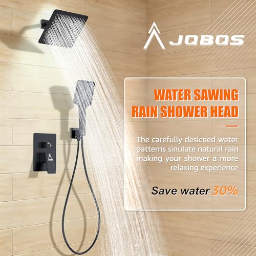 Shower System Modern Rain 8 inches Brass Faucet Set With Valve and Diverter Shower Mixer With Handheld High Pressure Square Rainfall Shower Valve (8'' Wall Mount, Matte Black) - color: Matte Black, style: 8'' Wall Mount