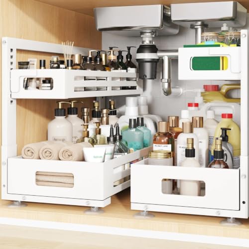 2 Pack 21IN-Depth Under Sink Organizer,Pull Out Cabinet Organizer With Smooth Cylindrical Rail,Metal Slide Out Drawer for Kitchen Bathroom Laundry,8-Level Tool Free Height Adjustable-White - color: White, size: 2 Pack-21"Dx9.5"-16.7"H