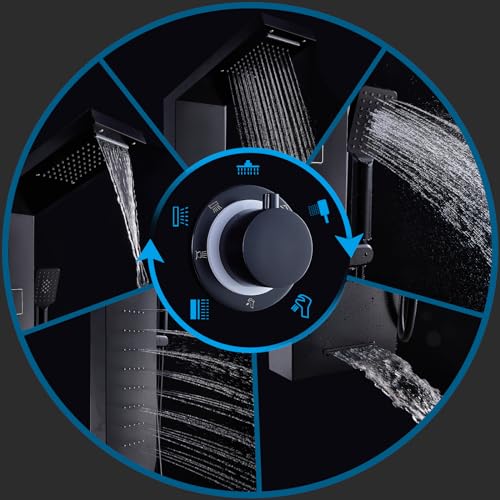 ELLO&ALLO Stainless Steel Shower Panel Tower System, Rainfall Head Rain Massage System with LED Body Jets, Black - color: Black