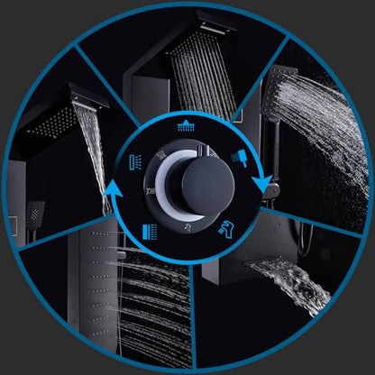 ELLO&ALLO Stainless Steel Shower Panel Tower System, Rainfall Head Rain Massage System with LED Body Jets, Black - color: Black