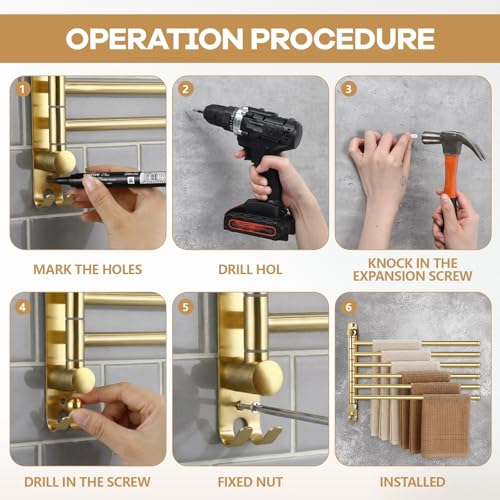 Teenyyou 16.5 Inches Swivel Towel Rack 304 Stainless Steel 6 Arms Bathroom Towel Rack Hanger Pool Holder Wall Mounted Swivel Bar Space Saving with Hook(Gold) - color: Gold, size: 16.5 Inches, style: 6 Arms