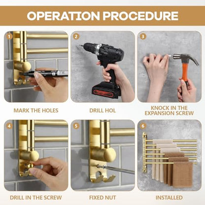 Teenyyou 16.5 Inches Swivel Towel Rack 304 Stainless Steel 6 Arms Bathroom Towel Rack Hanger Pool Holder Wall Mounted Swivel Bar Space Saving with Hook(Gold) - color: Gold, size: 16.5 Inches, style: 6 Arms