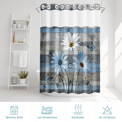 No Hook Shower Curtain with Snap in Liner 71x86 Inch Floral Blue | Farmhouse Rustic Butterfly Modern Double Layers Waterproof Fabric with See Through Top Window Open Grommet Bath Curtain - color: Blue Daisy 3, size: 71"W x 86"L (Pack of 1)