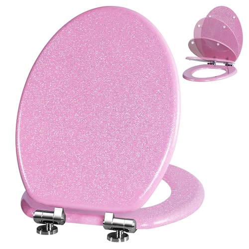 Angol Shiold Glitter Toilet Seat Molded Wood Elongated Toilet Seat with Quietly Close and Quick Release Hinges, Easy to Clean also Easy to Install (Elongated 18.5'', Pink) - color: Pink, size: Elongated 18.5‘’