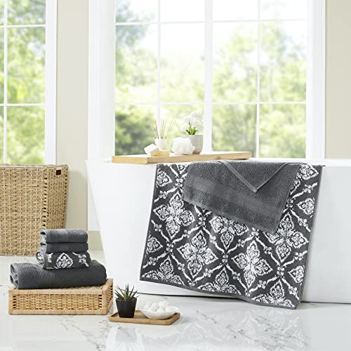 Modern Threads Amaris 6-Piece Reversible Yarn Dyed Jacquard Towel Set - Bath Towels, Hand Towels, & Washcloths - Super Absorbent & Quick Dry - 100% Combed Cotton, Coal - color: Charcoal Grey, size: Small, style: Bohemian