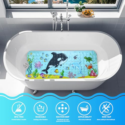 Baby Bath Tub Mat, 40 x 16 Inch Extra Large Non Slip Kids Cartoon Bathtub Shower Mats with Suction Cups & Drain Holes, Machine Washable for Bathroom, Undersea Whale & Dolphin - color: Undersea-whale