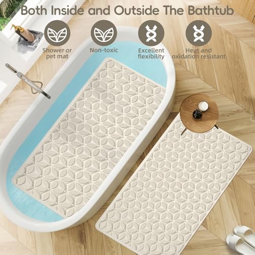 Non-Slip Rubber Bathtub Mat with Suction Cups, 16 × 28 Inch (Beige) | 100% Rubber, Leaf Texture. Vacuum Suction Cups. Soft on Touch. BPA/PVC-Free. Machine Wash. Safe For Bath, Shower, Pet Dogs. - color: Beige, size: 28" x 16" (Rectangular)
