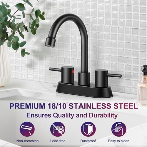 2 Pack Matte Black Bathroom Faucet for 3 Hole, Herogo 4 Inch 2-Handle Bathroom Sink Faucet with Pop-Up Drain and Supply Hoses, 18/10 Stainless Steel Faucets for RV Vanity - color: Matte Black, style: Round Handles-2 Set