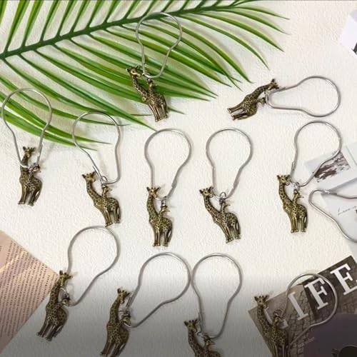 Giraffe Shower Curtain,12 Pcs Giraffe Shower Curtain Hooks Animal Forest Park Theme Decor, House Bathroom Decor Accessorie, Giraffe Bathroom Set Stainless Steel Ring Rustproof (Bronze)