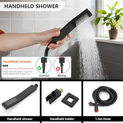 Midanya Shower System with Tub Spout,Bathtub Shower Faucet Set with Square Rainfall Head and Handheld Sprayer Wall Mount Tub Faucet Set with Valve and Trim Kit,8 Inch Matte Black - color: Matte Black, size: 8 Inch