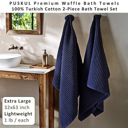 PÜSKÜL 2-Piece Natural 100% Turkish Cotton Waffle Bath Towels Extra-Large | Navy Blue, 32x63" Bath Sheet Towel, Light Soft Absorbent Quick-Dry Lint-Free Premium Honeycomb Weave Oeko-Tex Made in Turkiye - color: Navy Blue, size: Bath Towels - Pack of 2