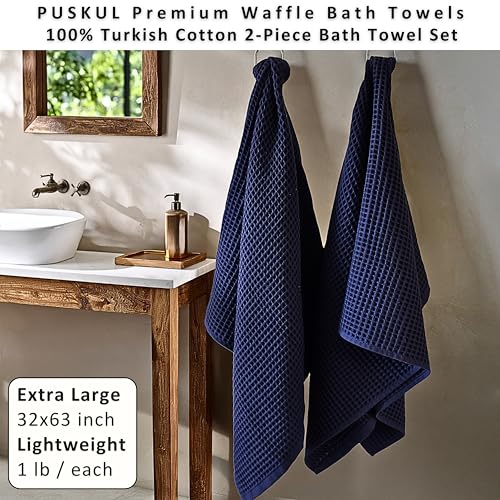 PÜSKÜL Natural 100% Turkish Cotton Waffle Bath Towels Set of 2, Extra-Large | Navy Blue, Oversize 32x63" Bath sheet towel for bathroom & beach. Honeycomb-Waffle weave, Premium oeko-tex made in Turkey. - color: Navy Blue, size: Bath Towels - Pack of 2