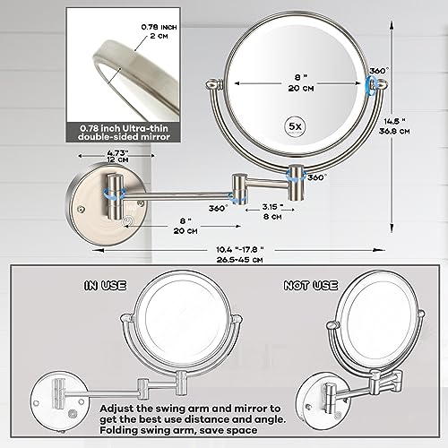 Wall Mounted Makeup Mirror with Lights, Brass, Brushed Nickel | 2 Sided 1/5X Magnifying, Bathroom Vanity Cosmetic, Touch Sensor, 3 Color Lighting, Extended Arm, 360 Rotation, Rechargeable - color: Brushed Nickel