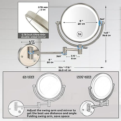 Wall Mounted Makeup Mirror with Lights, Brass, Brushed Nickel | 2 Sided 1/5X Magnifying, Bathroom Vanity Cosmetic, Touch Sensor, 3 Color Lighting, Extended Arm, 360 Rotation, Rechargeable - color: Brushed Nickel