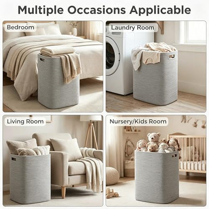 Large Laundry Hamper 16"x13"x22" - Tall Woven Laundry Basket, Cotton Rope Dirty Clothes Hamper, Baby Kids Nursery Wicker Laundry Basket, Bedroom Aesthetic, Soft Laundry Bin, Gray Hamper, 75L - color: Gray