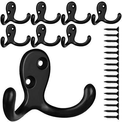 IBosins 8 Pack Black Double Prong Coat Hooks Wall Mounted with 16 Screws | Heavy Duty Retro Double Hooks Utility Hooks for Coat, Scarf, Bag, Towel, Key, Cap, Cup, Hat - color: 8 Pcs Black