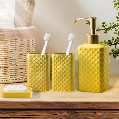 Jessie Bathroom Accessories Set, 3 or 4-Piece Ceramic Bathroom Accessory Set,Soap Dispenser,Toothbrush Holders Set,Tumbler,Soap Dish Embossed Matte Bathroom for Modern Bathrooms (Yellow 4-Piece Suit) - size: Yellow-4 Piece