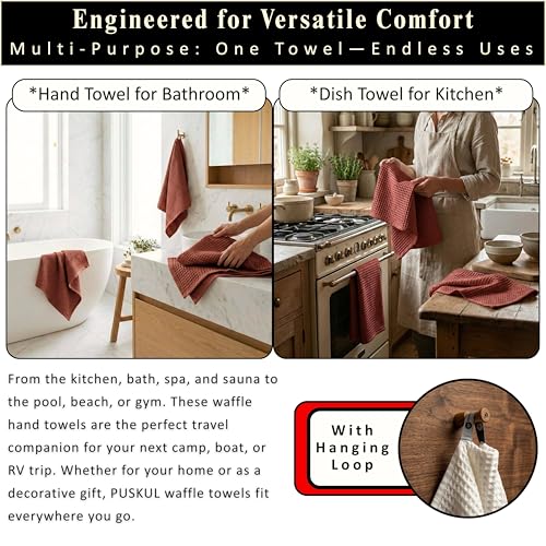 PÜSKÜL Natural 100% Turkish Cotton Waffle Kitchen and Hand Towels, 3-Piece | Brick-Red, 32x16" Large, Premium 3D Honeycomb Weave Soft Absorbent Quick-Dry Lint-Free Dish Towel, Oeko-Tex Made in Turkey - color: Red Brick, size: Kitchen & Hand Towels Pack of