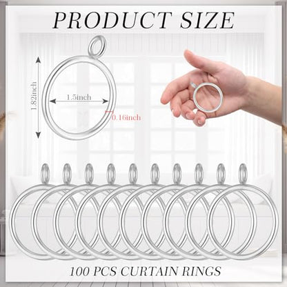 Maitys 100 Pcs Metal Curtain Rings with Eyelet 1.5-inch Inner Diameter Eyelet Curtain Rings for Drapery Clips Hooks for Sliding Window Bathroom Door Shower Rod (Silver) - color: Silver